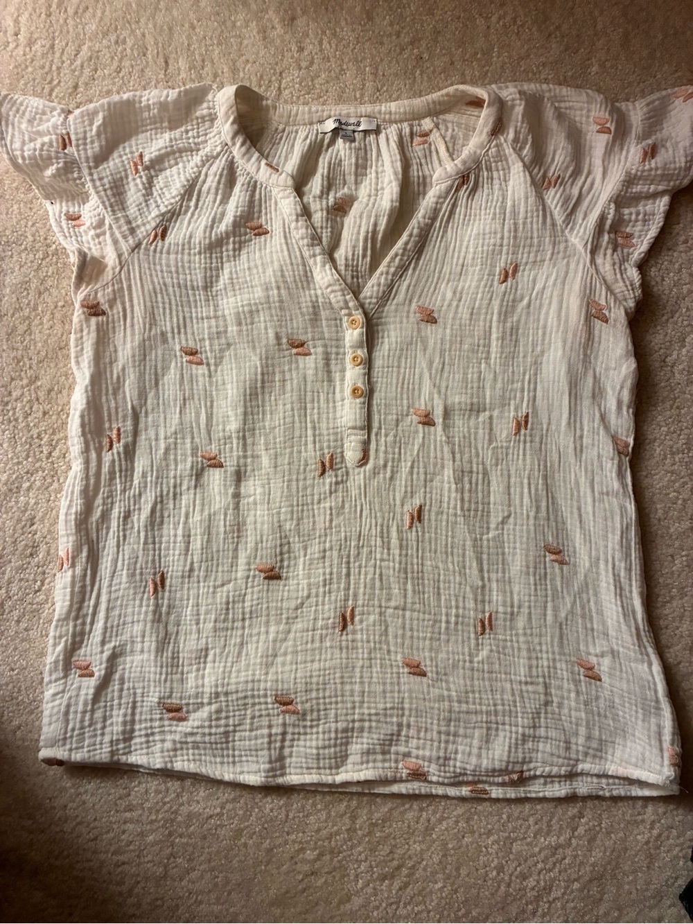 Madewell Cream Gauze Henley Top with Peach Embroidery